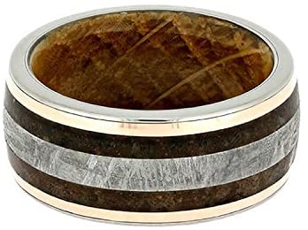 Gibeon Meteorite, Dinosaur Bone, 14k Rose Gold 10mm Titanium Comfort-Fit Whiskey Oak Wood Band, Size 6