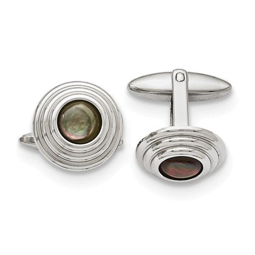 Stainless Steel Polished Black Mother Of Pearl Domed Cuff Links