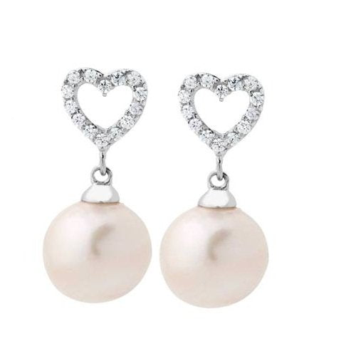 Lush Pearl with Heart CZ Earrings, Rhodium Plated Sterling Silver