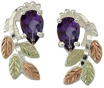 Amethyst Pear Petite Leaf Cascade Earrings, Sterling Silver, 12k Green and Rose Gold Black Hills Gold Motif