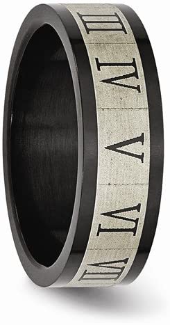 Brushed Stainless Steel, Black IP 7mm Roman Numeral Comfort-Fit Flat Band, Size 8.5