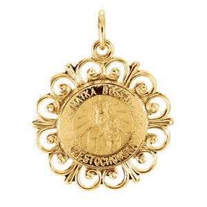 Rhodium Plated 14k Yellow Gold Round Matka Boska Medal (18.5 MM)