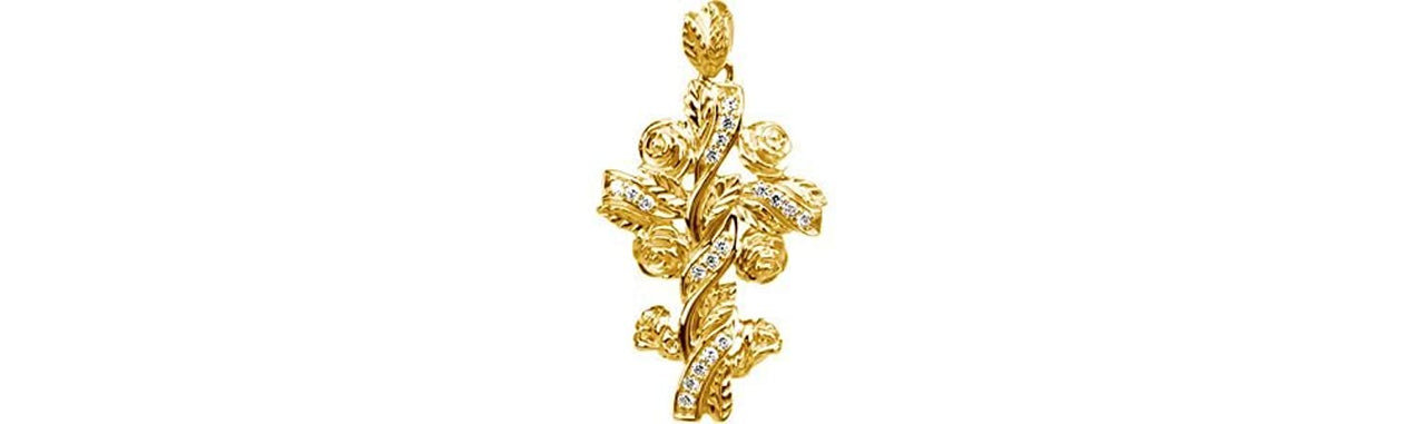 Diamond Floral Style Cross 14k Yellow Gold Pendant