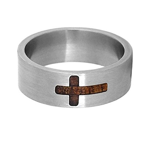 Koa Wood Cross Design 8mm Brushed Titanium Comfort-Fit Wedding Ring