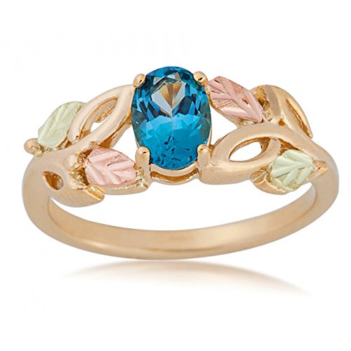 Slim Profile Oval Blue Topaz Ring, 10k Yellow Gold, 12k Green and Rose Gold Black Hills Silver Motif