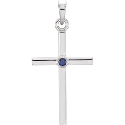 Blue Sapphire Inset Cross Rhodium-Plated 14k White Gold Pendant (22.65x11.4MM)