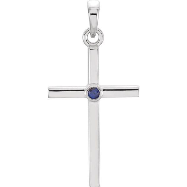 Blue Sapphire Inset Cross Rhodium-Plated 14k White Gold Pendant (22.65x11.4MM)