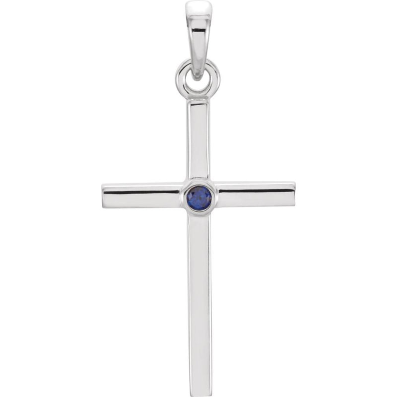 Blue Sapphire Inset Cross Rhodium-Plated 14k White Gold Pendant (22.65x11.4MM)
