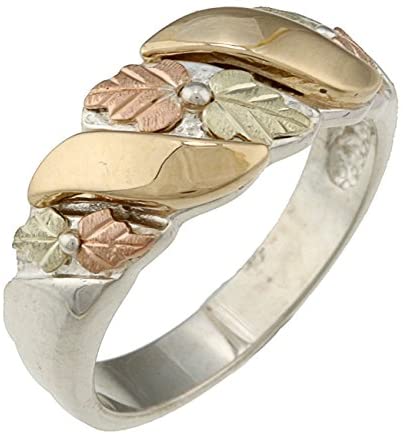 Past, Present Future 8mm Grape Leaf Band, Sterling Silver, 10K Yellow Gold, 12k Green and Rose Gold Black Hills Gold Motif