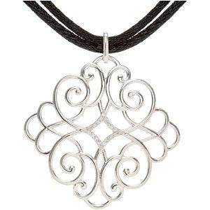 Diamond Filigree Scroll Pendant in Sterling Silver with Black Cord, 16-18" (1/10 Cttw)