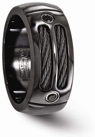 Edward Mirell Black Titanium Cable and Black Spinel Sterling Silver Bezel 9.5mm Wedding Band, Size 9.5