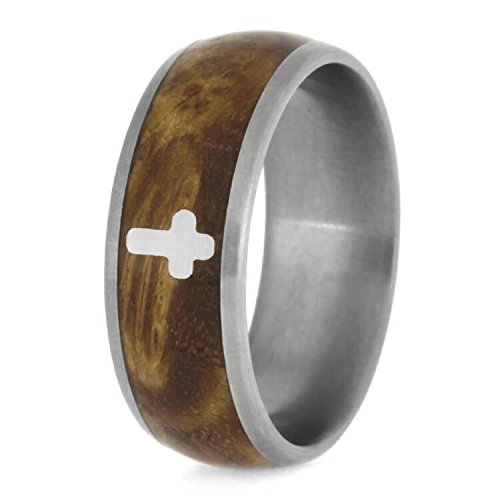The Men's Jewelry Store (Unisex Jewelry) Black Ash Burl with Silver Cross 8mm Matte Comfort-Fit Titanium Band
