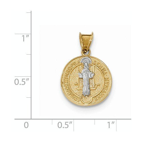 Rhodium-Plated 14k Yellow Gold Circle St. Benedict Medal Pendant