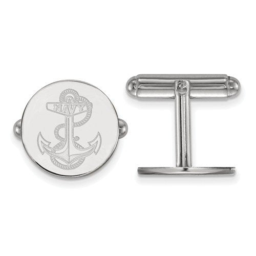 Rhodium- Plated Sterling Silver Navy Round Cuff Links, 15MM