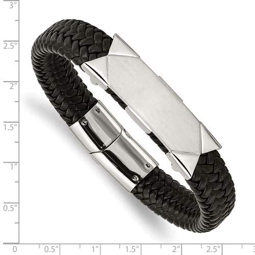 Ave 369 Men's Black Braided Leather, Brushed Stainless Steel Accents ID Bracelet, 8.5 Inches