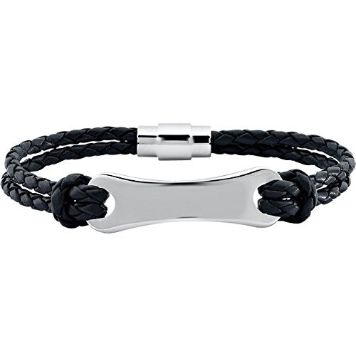 Black Leather and Stainless Steel ID Bracelet, 8"