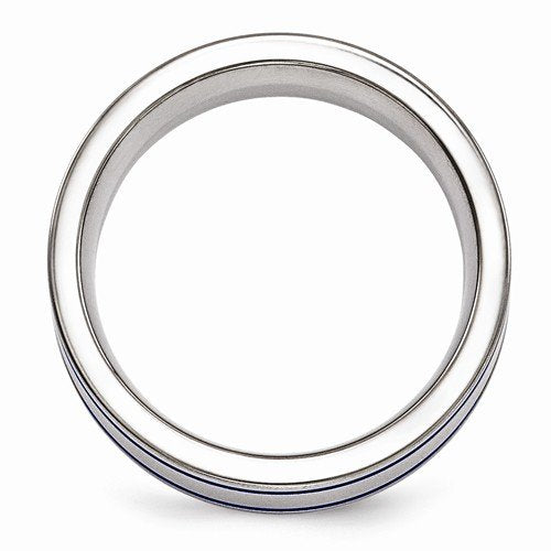 Anodized Collection Brushed Gray Titanium Double Blue Grooves 8mm Flat Band
