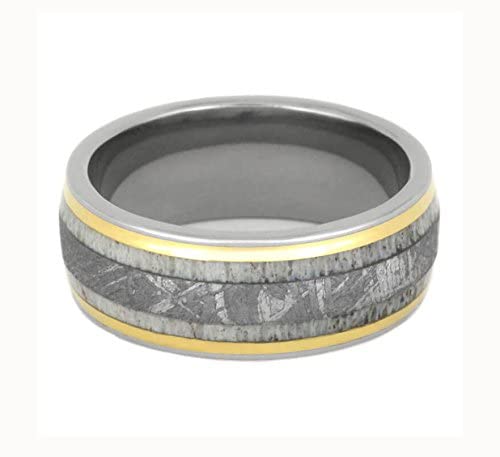 The Men's Jewelry Store (Unisex Jewelry) Deer Antler, Gibeon Meteorite Inlay, 18k Yellow Gold 10mm Comfort Fit Titanium Band, Size 14.25