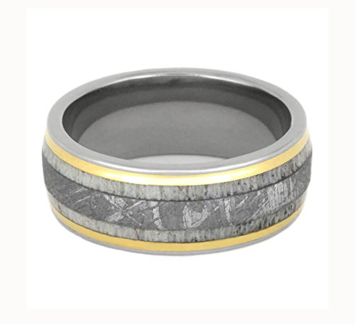 Deer Antler, Gibeon Meteorite Inlay, 18k Yellow Gold 10mm Comfort Fit Titanium Band, Size 10