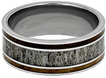 Deer Antler, Whiskey Barrel Oak Wood 9mm Titanium Comfort-Fit Wedding Ring, Size 6