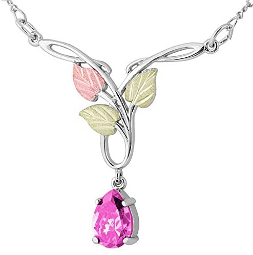 Pear Pink CZ Pendant Necklace, Sterling Silver, 12k Green and Rose Gold Black Hills Gold Motif, 18"