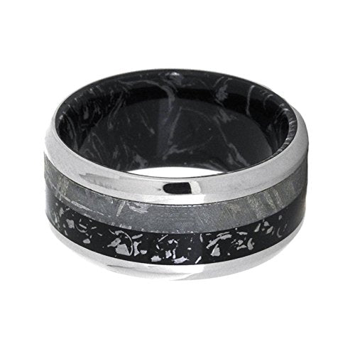 Black Stardust, Gibeon Meteorite, Black and Silver Mokume Gane 10mm Comfort-Fit Titanium Wedding Band, 9.5