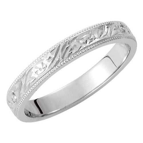 3mm 14k White Gold Hand Engraved Flat Band, Sizes 5 to 12