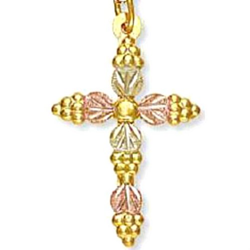 Cross Pendent Necklace with Grape Leaves, 10k Yellow Gold, 12k Rose and Green Gold Black Hills Gold Motif