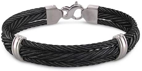 Men's Triple Strand Titanium Black Titanium Memory Cable 11mm Bracelet, 7.5"