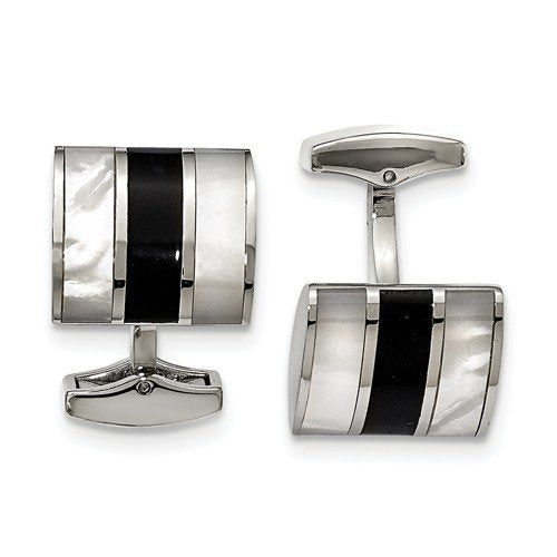 Stainless Steel Black Semi-Precious Stone Mother Of Pearl Square Cuff Links