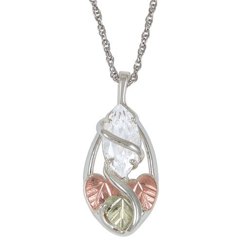 CZ Marquise Pendant Necklace, Sterling Silver, 12k Green and Rose Gold Black Hills Gold Motif, 18"