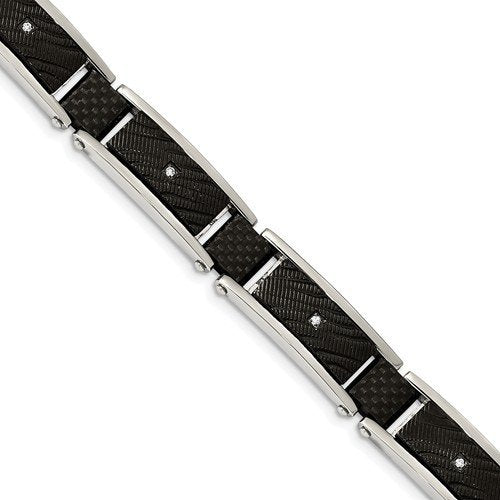 Men's Stainless Steel 11.7mm Black IP-Plated with CZ and Black Carbon Fiber Bracelet, 8.75 "