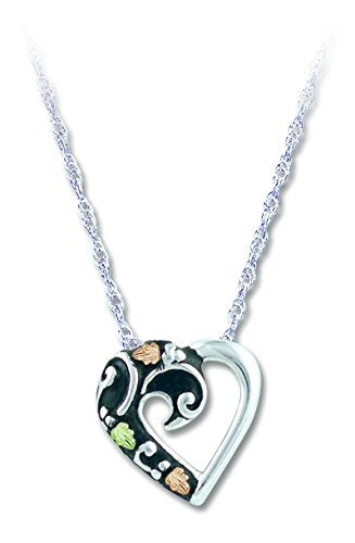 Antiqued Heart Silhouette Pendant Necklace, Sterling Silver, 12k Green and Rose Gold Black Hills Gold Motif, 18''