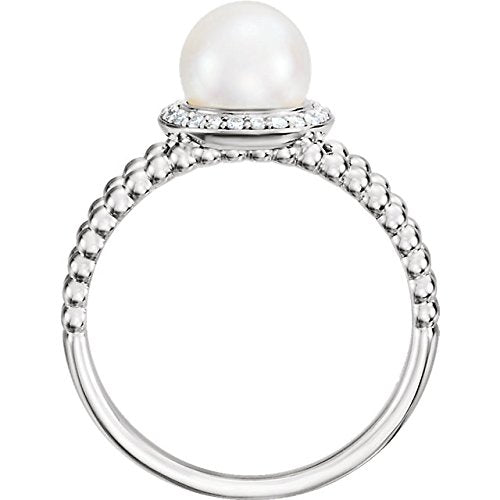 White Freshwater Cultured Pearl Diamond Halo Sterling Silver Ring (7-7.5 MM) (Color G-H, Clarity I1)