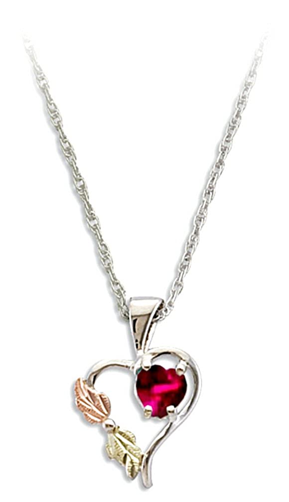 Red CZ July Birthstone Heart Pendant Necklace, Sterling Silver, 12k Green and Rose Gold Black Hills Gold Motif, 18"