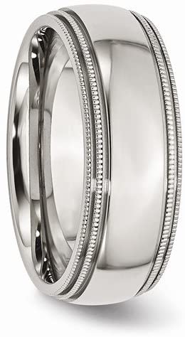 Stainless Steel 8mm Grooved and Beaded Wedding Comfort-Fit Band, Size 8