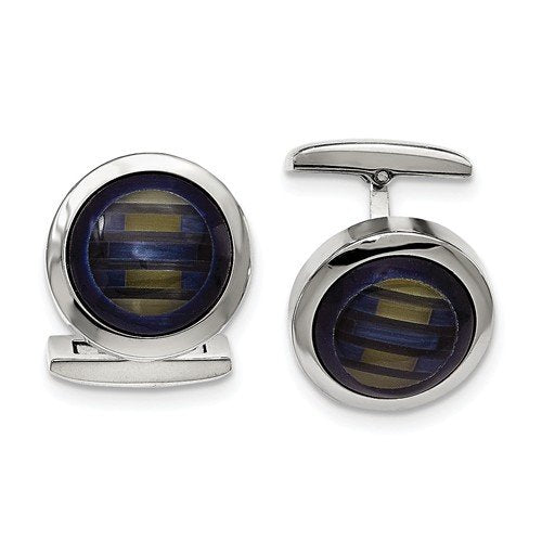 Stainless Steel Polished Blue Cat's Eye round Cuff Links
