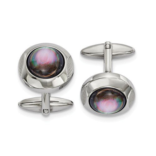 Stainless Steel Mother Of Pearl Round Cuff Links, 26.1MMX19.24MM