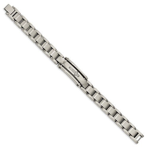 Men's Polished and Brushed Stainless Steel CZ Cross ID Bracelet, 9"