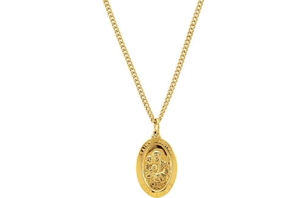 Sterling Silver 24k Yellow Gold Plated Oval St. Joseph Medal Necklace, 24" (26.35x16.05 MM)