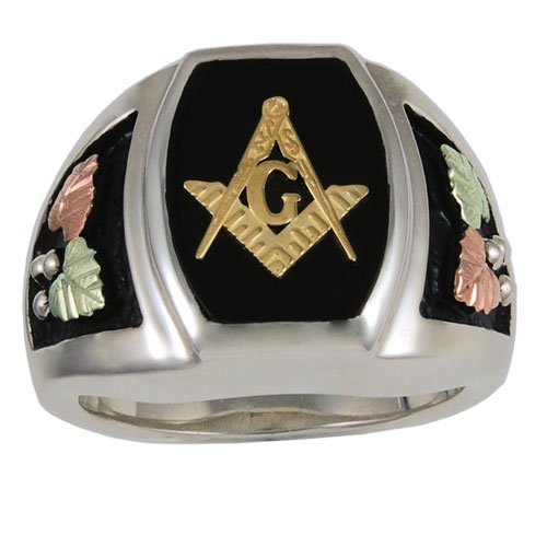 Ave 369 10k Yellow Gold Mason's Emblem Onyx Ring, Sterling Silver, 12k Green and Rose Gold Black Hills Gold