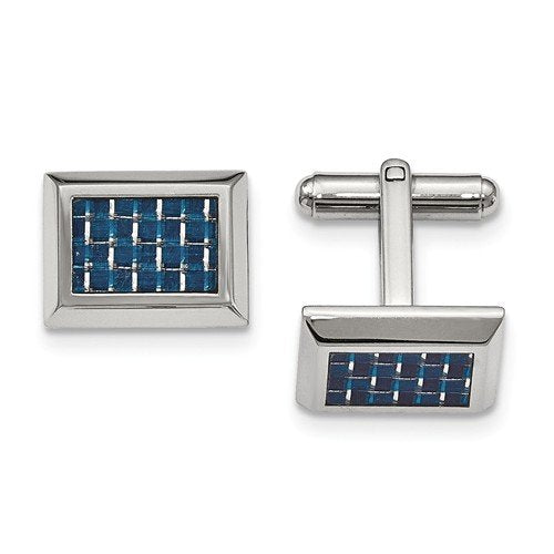 Stainless Steel Blue Carbon Fiber Inlay Rectangle Cuff Links