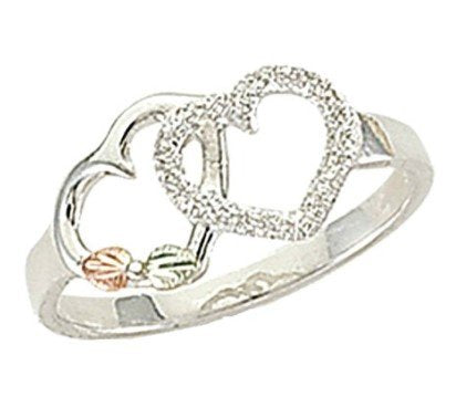 Petite Double Heart Ring, Sterling Silver, 12k Green and Rose Gold Black Hills Gold Motif, Size 10