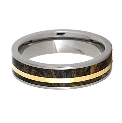 Buckeye Burl Wood, 14k Yellow Gold 5mm Comfort-Fit Titanium Ring, Size 7