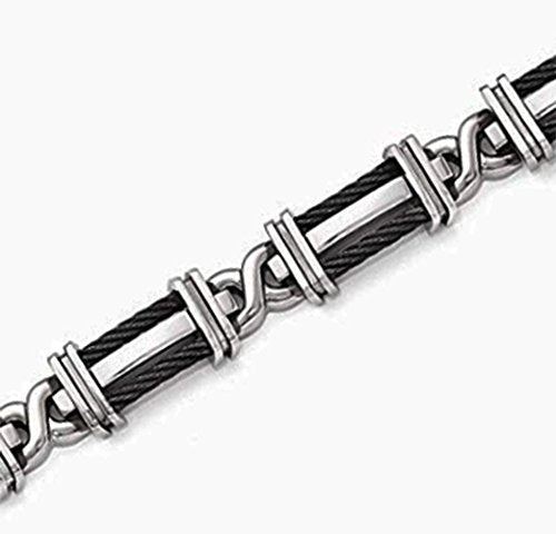 Men's Cable Squared Collection Gray Titanium 10mm Two Row Fold Over Cable Link Bracelet, 8.25"