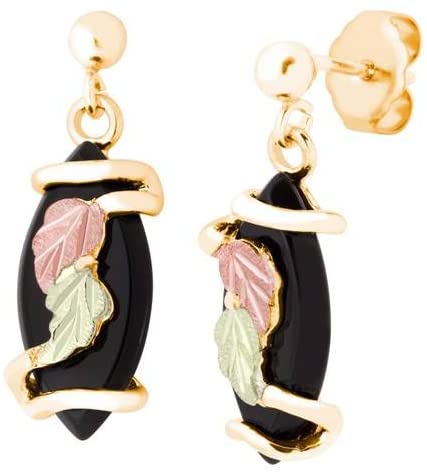 Onyx Marquise Wrap Earrings, 10k Yellow Gold, 12k Green and Rose Black Hills Gold Motif