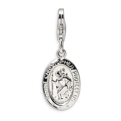 Rhodium-Plated Sterling Silver St. Christopher Medal with Lobster Clasp Charm Pendant (37X10 MM)