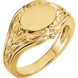 Women's Oval Floral Embossed Semi-Polished 14k Yellow Gold Signet Ring, Size 6 (10.2MM)