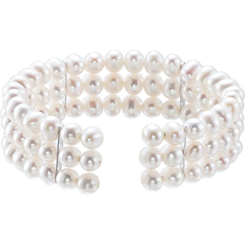 Freshwater Cultured Pearl 3 Row Bangle Bracelet, 5.00 MM - 5.50 MM, Sterling Silver, 7.50 Inches