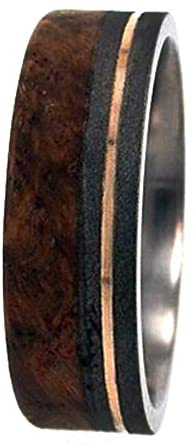 Black Ash Burl Wood, 14K Yellow Gold 6mm Comfort Fit Sandblasted Titanium Band, Size 7